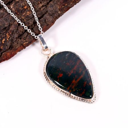 Silver Plated Brass Pear Shaped Pendant Necklace with Agate Gemstone Gift Jewelry